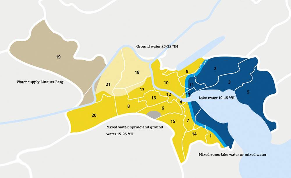 Districts of Lucerne and their water hardness.© ewl