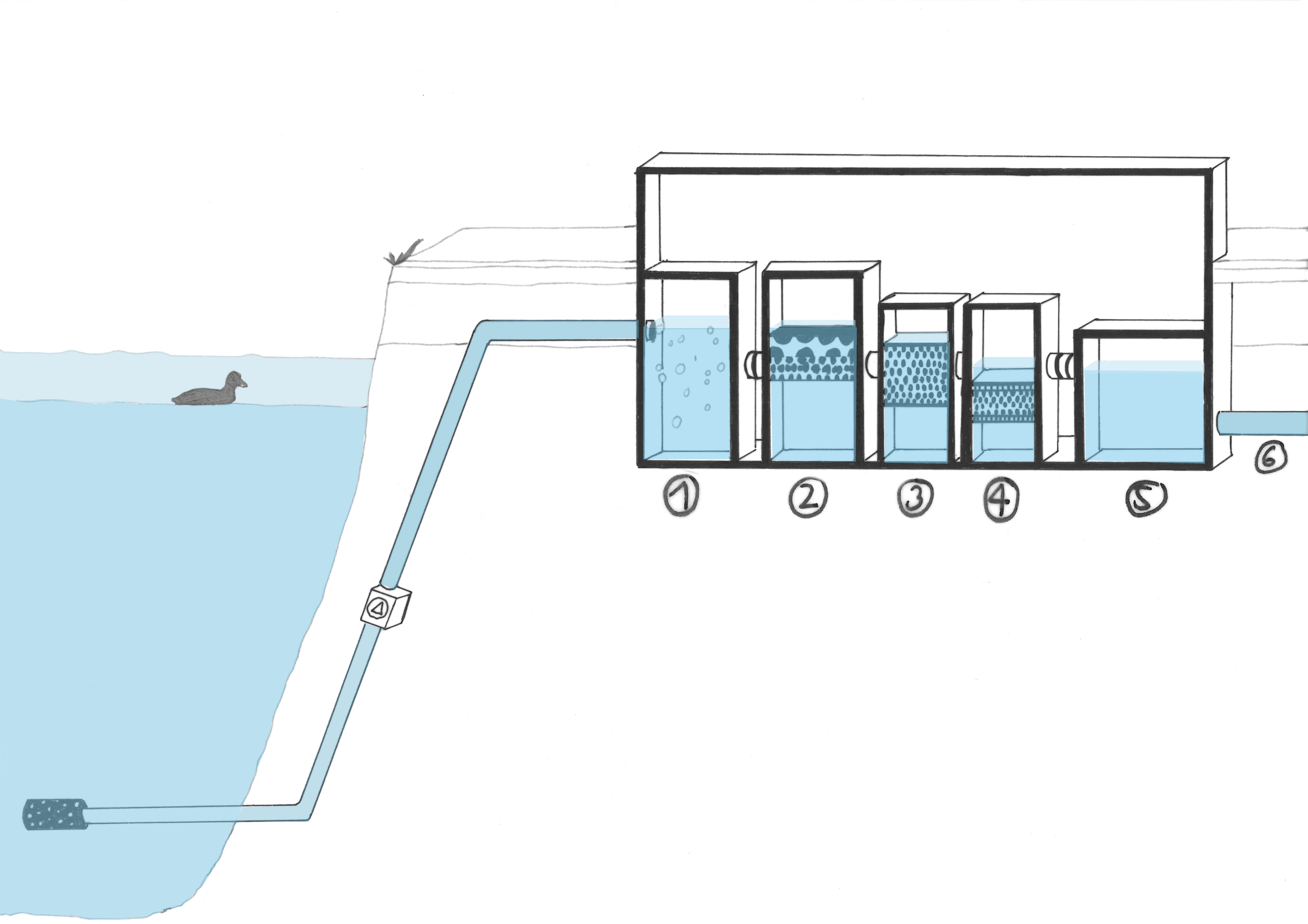 Vom See in den Haushalt:1: Ozonung, 2: Quarzsandfilter, 3: Aktivkohlefilter, 4: Chlorung&amp;nbsp;5: Reservoir, 6: Leitungsnetz